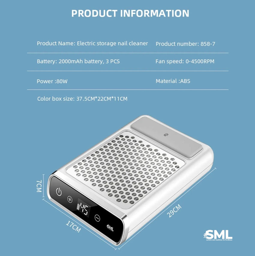 Extractor para manicura marca SML, Aspirador de polvo de uñas profesional inalambrico 80W