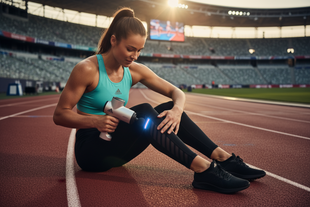 una deportista haciendo un masaje de recuperacion en un entorno de una pista de atletismo olimpico, la chica usa una pistola de masaje profesional con modo de frio o calor, similar a una pistola de masajes de mano y portatil, sensacion de alivio y un entorno similar al de un post publicitario de adidas.